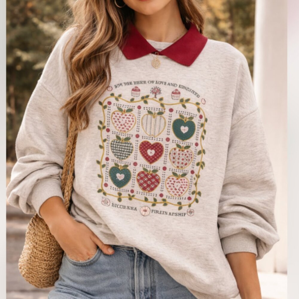 Vintage Graphic International Heart Sweatshirt Made USA Cottagecore Folk Art
